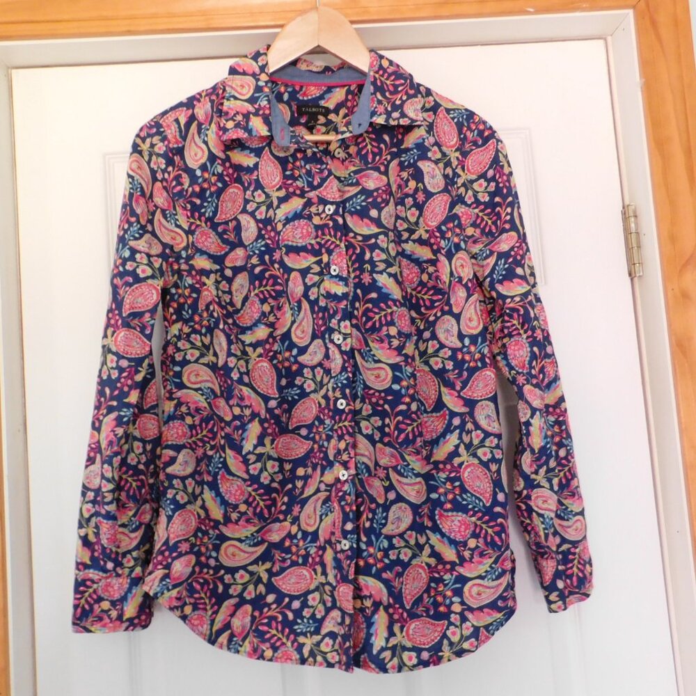 Talbots Button Down Shirt Women's Size Small Navy Pink‎ Paisley Classic